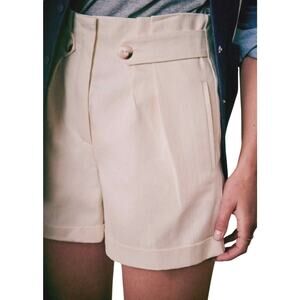 Sezane Cream Yellow Rome Cotton Linen High Waist Shorts Sz 38 FR Nice!